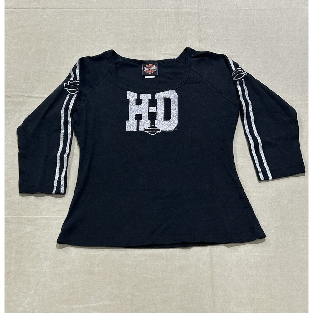 Harley Davidson Women's Long Sleeve TShirt Scoop Neck Black Glitter Graphics B16